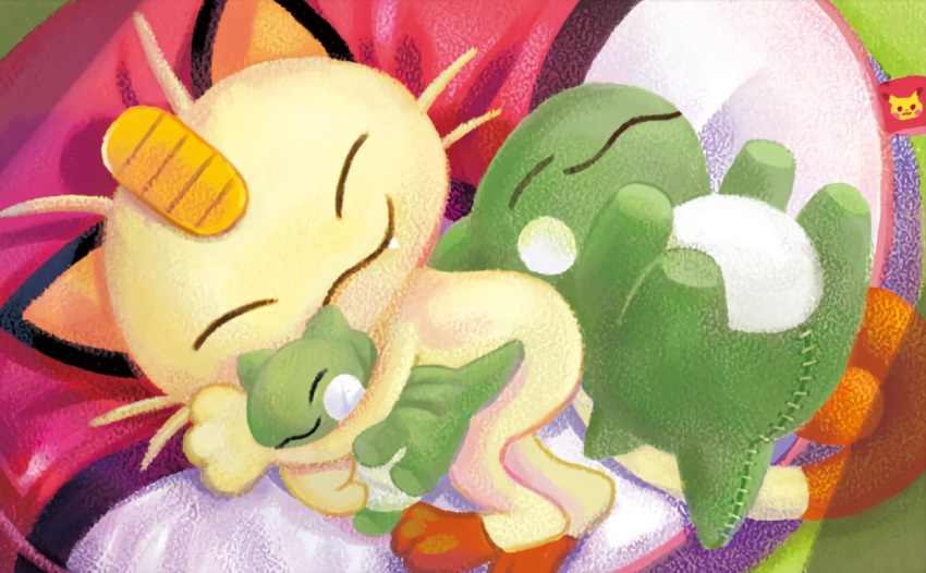 :3 cat cat_focus closed_eyes fangs gen_1_pokemon happy meowth official_art pikachu poke_ball poke_ball_(generic) poke_ball_theme pokemon pokemon_trading_card_game shibuzoh sleeping substitute_(pokemon)