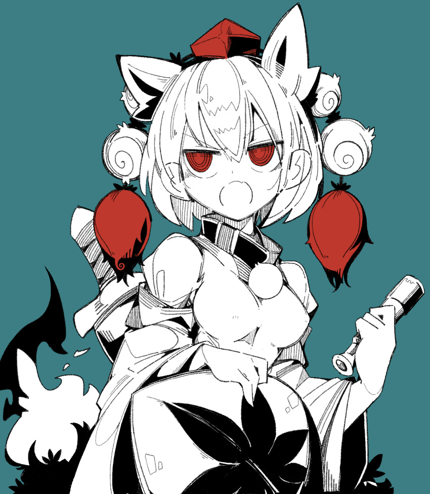 1girl animal_ears fang green_background hat high_collar highres holding inubashiri_momiji ma_sakasama open_mouth pom_pom_(clothes) red_eyes red_headwear ringed_eyes shield shirt short_hair skin_fang solo spot_color sword tail telescope tokin_hat touhou upper_body weapon white_hair white_shirt wide_sleeves wolf_ears wolf_tail