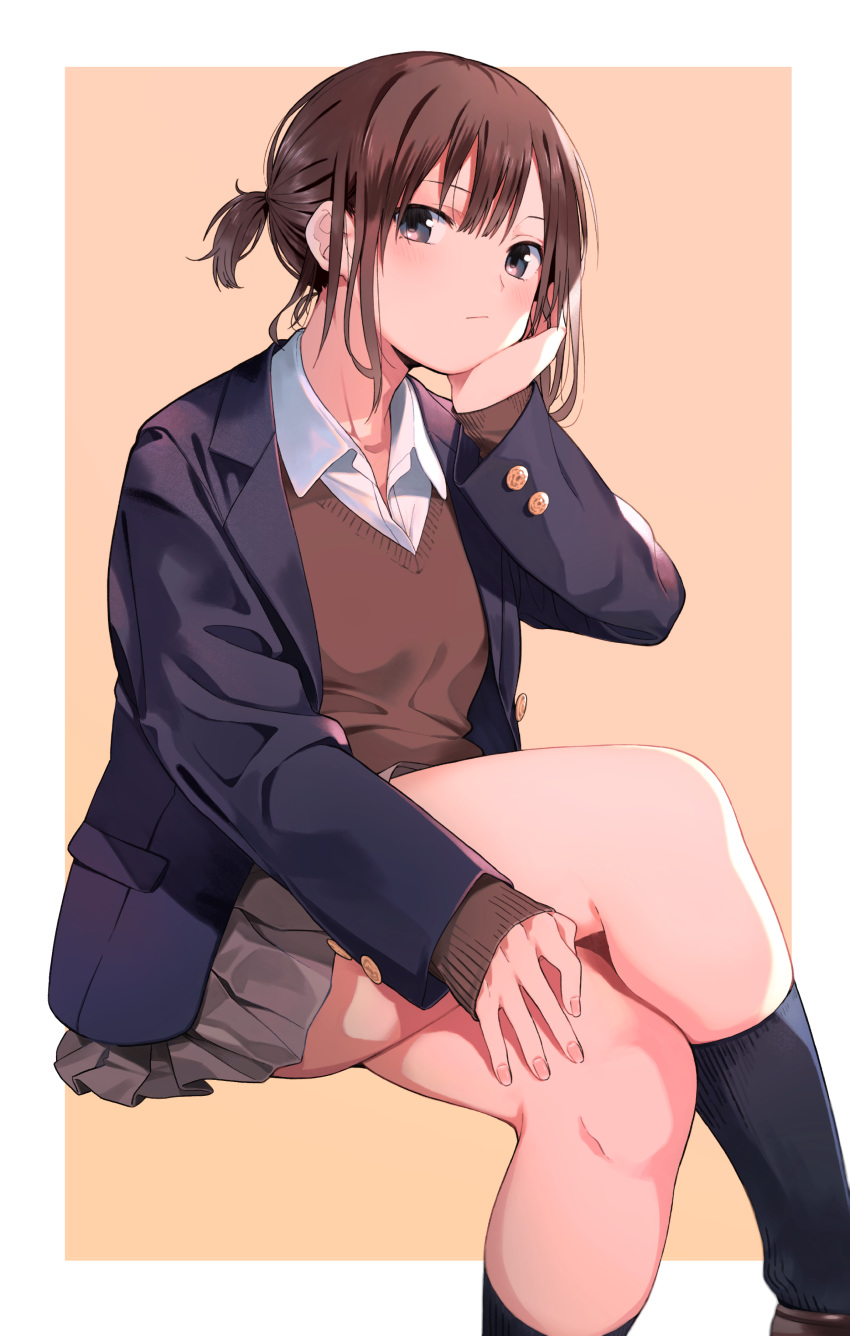 1girl absurdres amu_(258shin) black_jacket brown_hair brown_vest crossed_legs grey_eyes grey_skirt highres jacket looking_at_viewer original pleated_skirt school_uniform shirt short_hair short_ponytail simple_background sitting skirt solo vest white_shirt