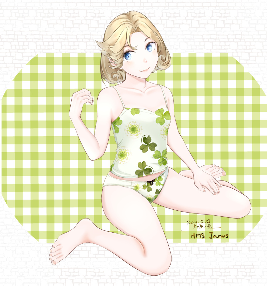 1girl absurdres artist_name bangs barefoot blonde_hair blue_eyes camisole character_name circle clover_print collarbone commentary_request dated flat_chest green_background highres janus_(kantai_collection) kantai_collection panties parted_bangs plaid plaid_background short_hair sitting smile solo underwear velchi wariza white_background white_panties