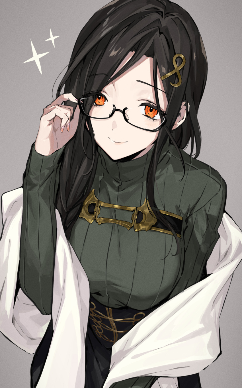 1girl black-framed_eyewear black_hair blush breasts brown_hair closed_mouth glasses green_sweater grey_background hair_ornament hair_over_one_eye hairclip highres large_breasts long_braid long_hair long_sleeves looking_at_viewer namakawa nijisanji orange_eyes ribbed_sweater shawl shirayuki_tomoe simple_background smile solo sweater upper_body virtual_youtuber