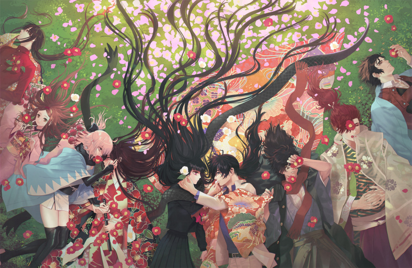 4girls 5boys armor black_hair black_ribbon black_skirt brown_hair camellia chacha_(fate/grand_order) closed_eyes commentary_request fate/grand_order fate_(series) flower grass hair_flower hair_ornament hair_ribbon half_updo hand_on_another's_cheek hand_on_another's_face haori hetero highres hijikata_toshizou_(fate/grand_order) holding_hands japanese_armor japanese_clothes katana kimono koha-ace kote long_hair looking_at_another lying mori_nagayoshi_(fate) multiple_boys multiple_girls obi oda_nobukatsu_(fate/grand_order) oda_nobunaga_(fate) oda_nobunaga_(fate)_(all) okada_izou_(fate) okita_souji_(fate) okita_souji_(fate)_(all) on_back on_side oryou_(fate) outdoors pleated_skirt ponytail redhead ribbon sakamoto_ryouma_(fate) sash scarf short_hair skirt sword thigh-highs very_long_hair warabi_tama weapon yuri