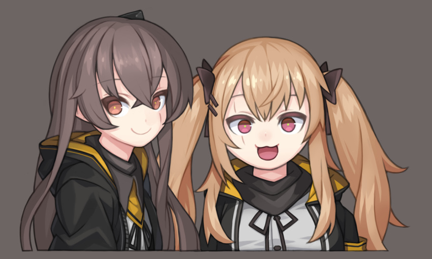 2girls armband bangs black_bow black_hoodie black_jacket black_scarf bow brown_eyes brown_hair buttons commentary_request girls_frontline grey_background hair_bow hair_ornament hairclip hood hoodie jacket long_hair looking_at_viewer multiple_girls open_mouth pink_eyes ran_system scar scar_across_eye scarf shirt sidelocks simple_background smile twintails ump45_(girls_frontline) ump9_(girls_frontline) upper_body white_shirt yellow_neckwear