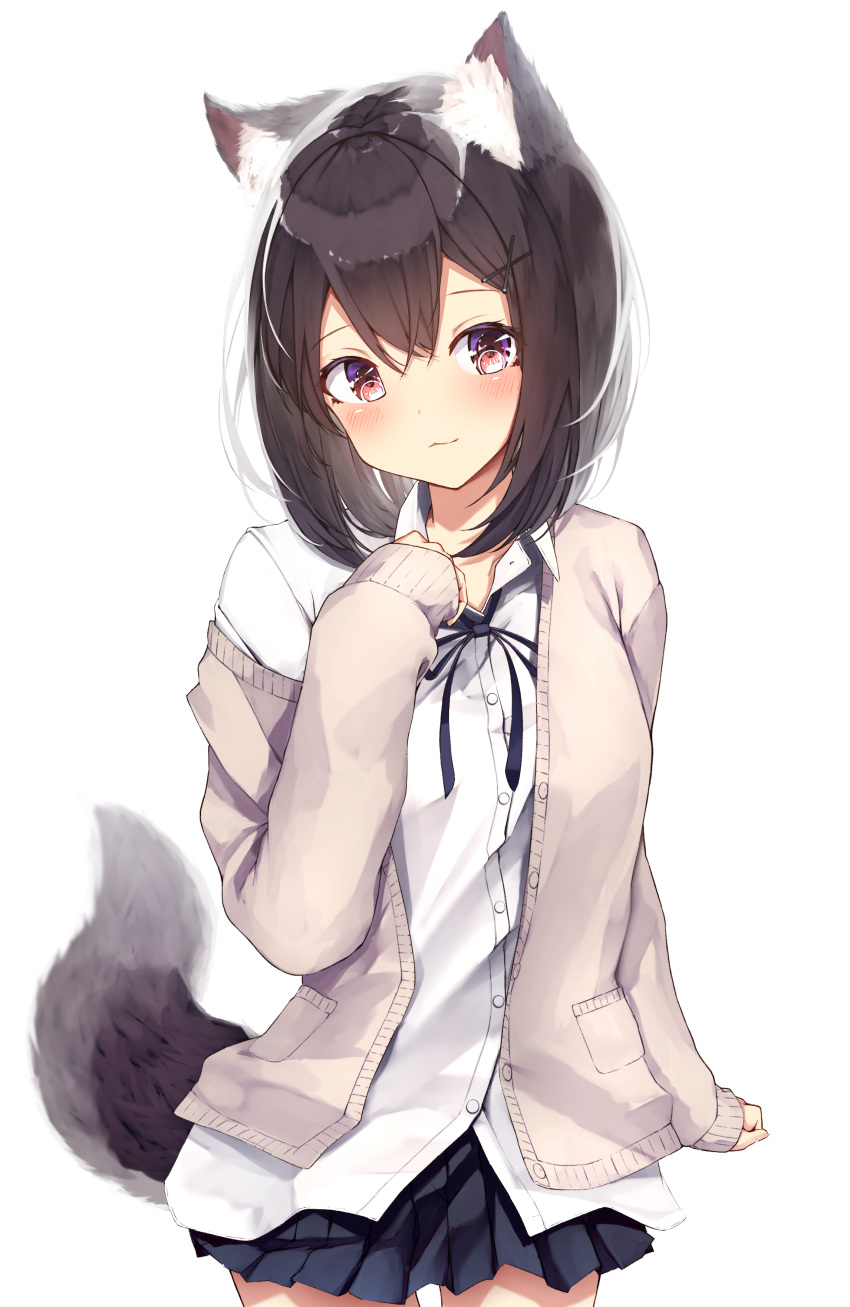 1girl absurdres animal_ear_fluff animal_ears bangs black_hair black_ribbon black_skirt blush brown_cardigan cardigan closed_mouth collared_shirt commentary_request dress_shirt eyebrows_visible_through_hair hair_between_eyes hair_ornament hairclip hand_up head_tilt highres long_sleeves looking_at_viewer mayogii neck_ribbon open_cardigan open_clothes original pleated_skirt red_eyes ribbon shirt simple_background skirt sleeves_past_wrists solo tail tail_raised white_background white_shirt x_hair_ornament