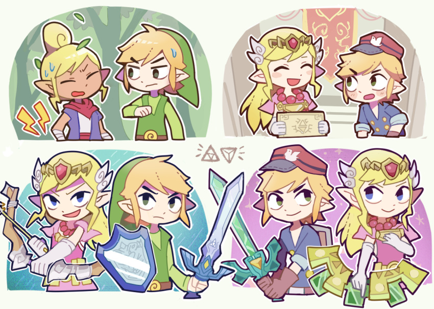 blonde_hair bow_(weapon) dark_skin dress hat link looking_at_viewer master_sword multiple_persona open_mouth pink_dress pointy_ears princess_zelda scarf shield smile sword teijiro tetra the_legend_of_zelda the_legend_of_zelda:_spirit_tracks the_legend_of_zelda:_the_wind_waker tiara toon_link upper_body weapon