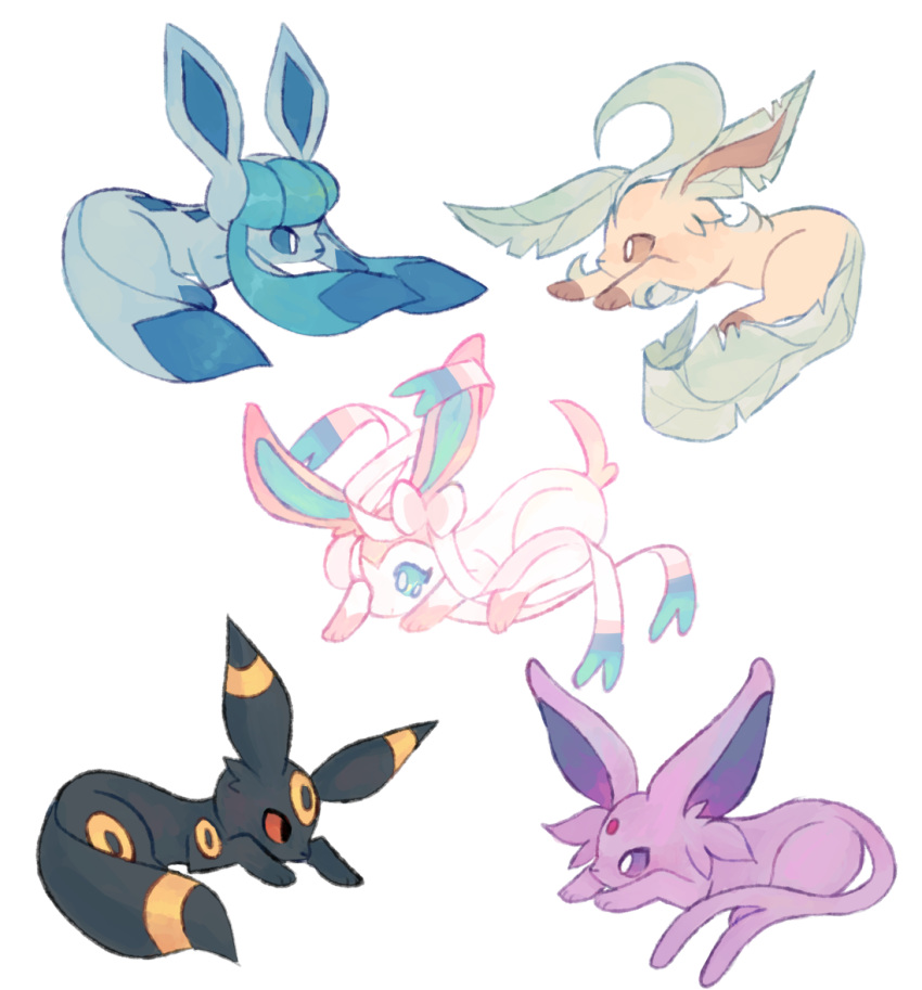 brown_eyes charamells commentary creature english_commentary espeon eye_contact full_body gen_2_pokemon gen_4_pokemon gen_6_pokemon glaceon leafeon looking_at_another lying no_humans on_stomach pokemon pokemon_(creature) red_eyes simple_background sylveon umbreon violet_eyes white_background