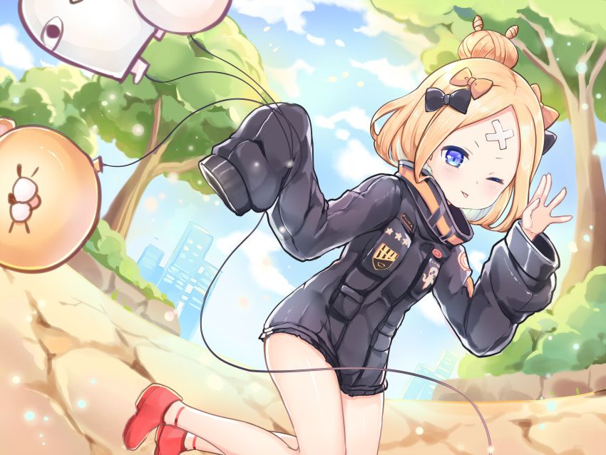 1girl ;p abigail_williams_(fate/grand_order) absurdres bangs black_bow black_jacket blonde_hair blue_eyes blue_sky blush bow closed_mouth clouds commentary_request crossed_bandaids day dutch_angle fate/grand_order fate_(series) hair_bow hair_bun hand_up heroic_spirit_traveling_outfit highres holding_balloon jacket kiri_sakura long_hair long_sleeves medjed one_eye_closed orange_bow outdoors parted_bangs red_footwear shoes sky sleeves_past_fingers sleeves_past_wrists smile solo tongue tongue_out tree v-shaped_eyebrows