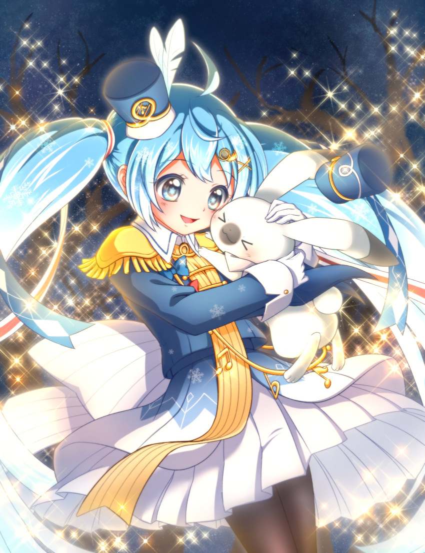 &gt;_&lt; 1girl :3 absurdres ahoge animal aqua_eyes aqua_hair band_uniform blue_jacket bow bowtie closed_eyes commentary cowboy_shot epaulettes gloves hair_ornament hairclip hand_on_another's_head hat hat_feather hatsune_miku highres holding holding_animal holding_another hug jacket long_hair looking_at_viewer miesa night open_mouth outdoors pantyhose pleated_skirt rabbit rabbit_yukine skirt smile snowflake_print sparkle tree twintails very_long_hair vocaloid white_gloves white_skirt yuki_miku yuki_miku_(2020)