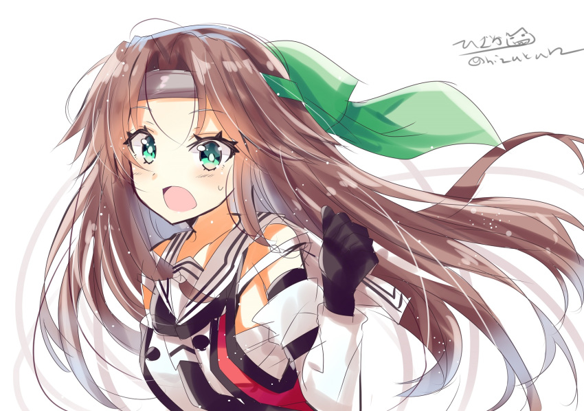 1girl alternate_eye_color blush brown_hair detached_sleeves elbow_gloves gloves green_eyes hair_between_eyes hair_ornament headband highres hizaka jintsuu_(kantai_collection) kantai_collection long_hair looking_at_viewer open_mouth school_uniform serafuku simple_background smile solo twitter_username white_background