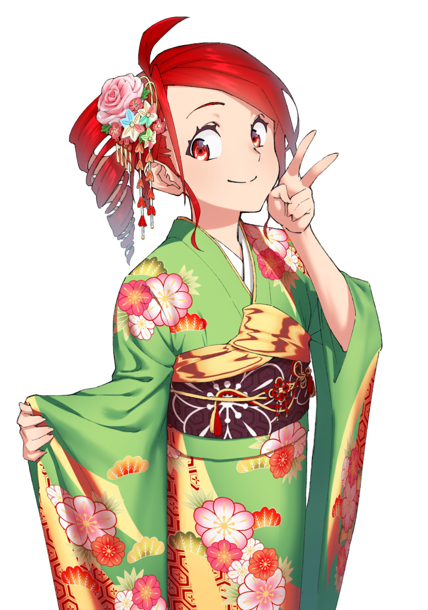 1girl ahoge anco8pizz cowboy_shot drill_hair floral_print flower furisode green_kimono hair_flower hair_ornament hand_up highres japanese_clothes kasane_teto kimono looking_at_viewer obi red_eyes redhead sash short_hair smile solo standing utau v white_background wide_sleeves