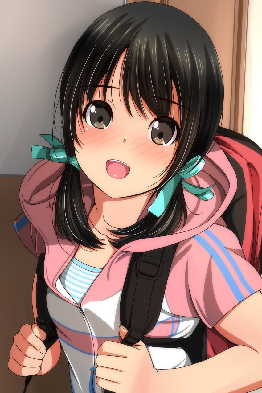 1girl :d absurdres backpack bag bangs black_hair blue_bow blush bow brown_eyes eyebrows_visible_through_hair hair_bow highres holding_strap hood hood_down hooded_jacket indoors jacket long_hair looking_at_viewer low_twintails matsunaga_kouyou nose_blush open_mouth original pink_jacket shirt short_sleeves sidelocks smile solo striped striped_shirt twintails upper_body