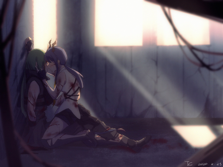 2girls arknights armor bare_arms bare_shoulders black_gloves black_shorts blood bloody_clothes blue_hair boots breastplate ch'en_(arknights) chinese_commentary commentary_request cuts dated fingerless_gloves from_side gloves green_hair highres horns hoshiguma_(arknights) indoors injury kiss kneeling light_rays low_ponytail multiple_girls profile shirt short_shorts shorts sidelocks signature sleeveless sleeveless_shirt tory-chen white_shirt yuri