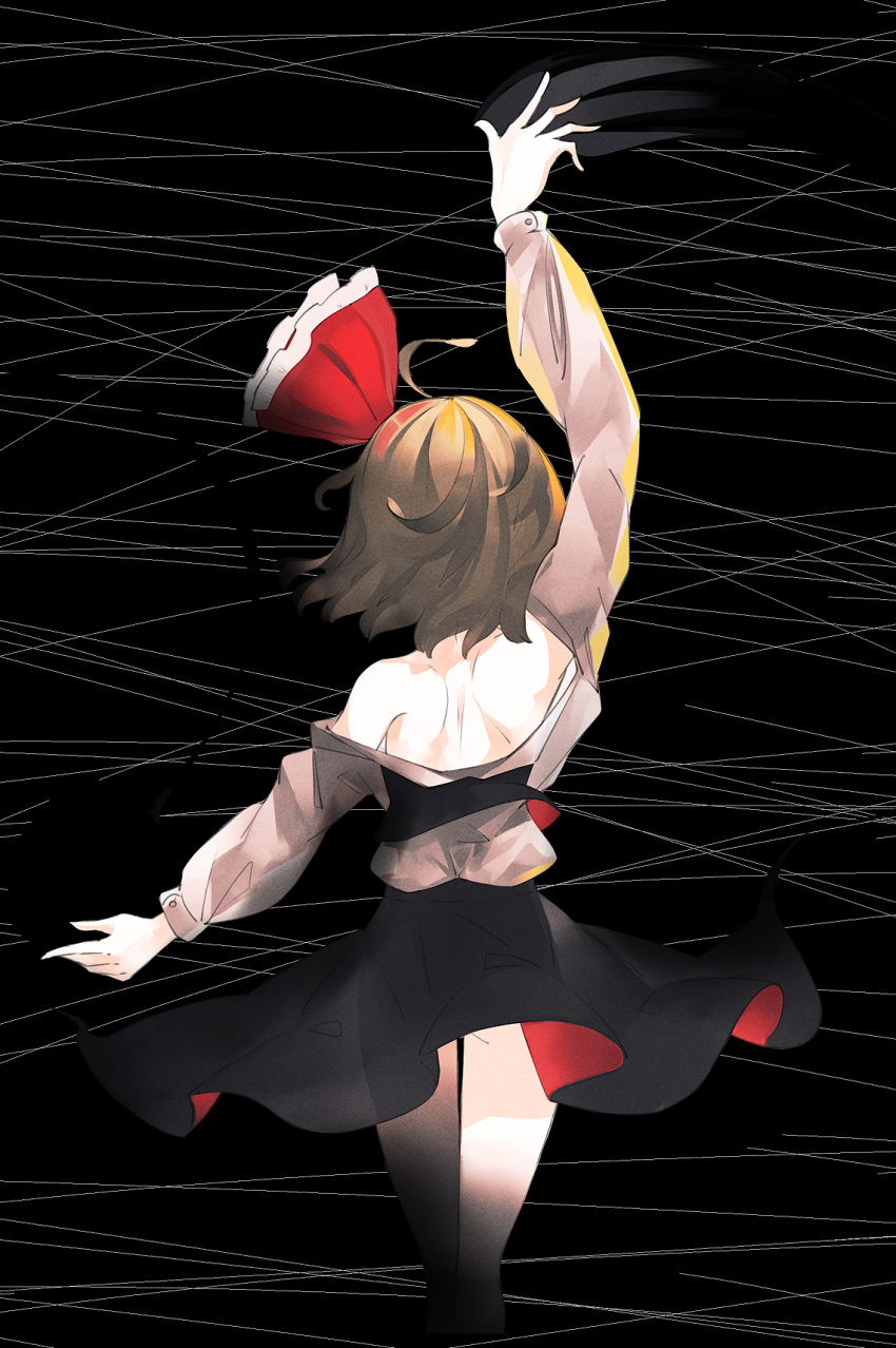 1girl arm_at_side arm_up ass black_background black_skirt blonde_hair buttons dress from_behind hair_ornament hair_ribbon highres loli long_sleeves looking_away o_(crazyoton46) red_ribbon ribbon rumia shadow short_hair silhouette simple_background skirt touhou