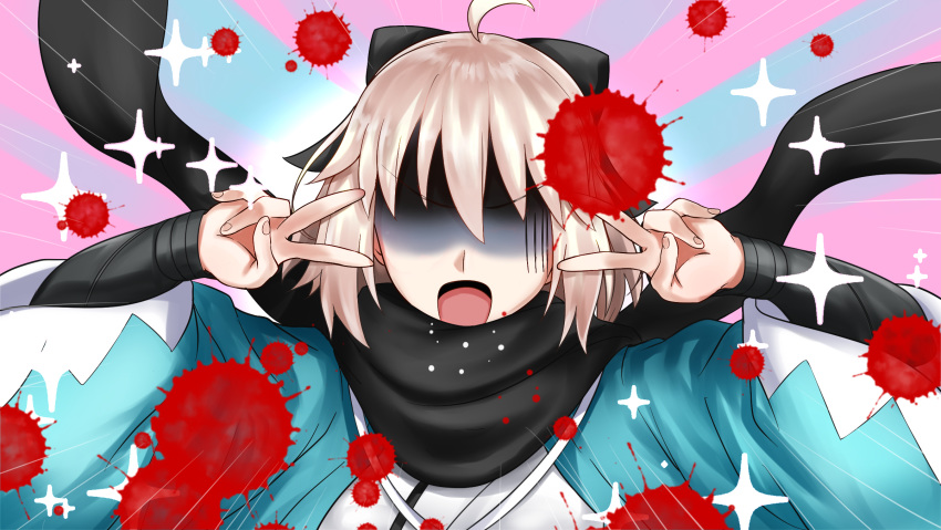 1girl ahoge arm_guards bangs black_bow black_scarf blonde_hair blood blood_splatter blue_background blush bow breasts coughing_blood double_v emotional_engine_-_full_drive fate/grand_order fate_(series) hair_between_eyes hair_bow hands_up haori highres japanese_clothes kimono koha-ace long_sleeves medium_breasts nagishy okita_souji_(fate) okita_souji_(fate)_(all) open_mouth parody petals pink_background scarf shaded_face short_hair solo sparkle striped striped_background v white_kimono wide_sleeves