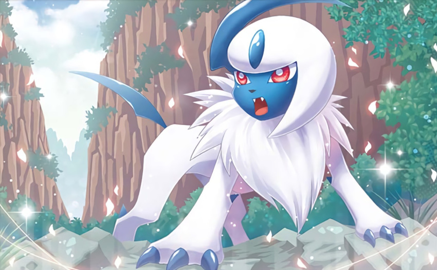 absol blue_sky bush claws clouds cloudy_sky creature day fangs full_body gen_3_pokemon grass legs_apart mizue mountain no_humans official_art open_mouth outdoors pokemon pokemon_(creature) pokemon_trading_card_game red_eyes sky solo standing