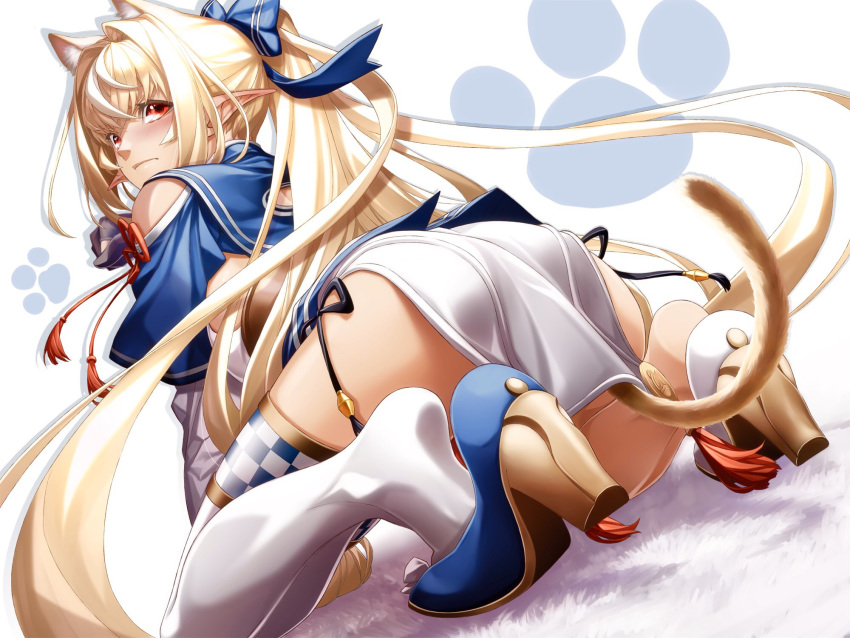 1girl animal_ears ass bare_shoulders black_gloves blonde_hair checkered checkered_legwear closed_mouth dark_skin elf fenlil0316 from_behind gloves hair_ornament high_heels highres hololive loincloth long_hair long_ponytail paw_print_background pointy_ears red_eyes shiranui_flare shoulder_cutout single_thighhigh solo tail thigh-highs virtual_youtuber white_legwear