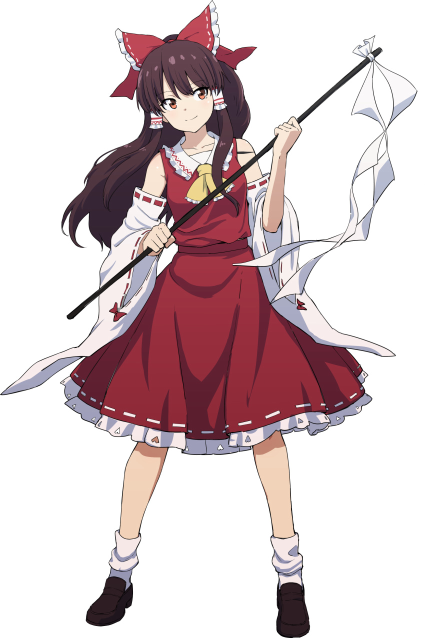 1girl absurdres ascot bow brown_eyes brown_hair collarbone commentary_request detached_sleeves eyebrows_visible_through_hair full_body gohei hair_bow hair_tubes hakurei_reimu heart heart_cutout highres leon_(mikiri_hassha) long_hair red_shirt red_skirt shirt shoes simple_background skirt skirt_set smile socks solo standing tachi-e touhou undefined_fantastic_object white_background white_legwear yellow_neckwear