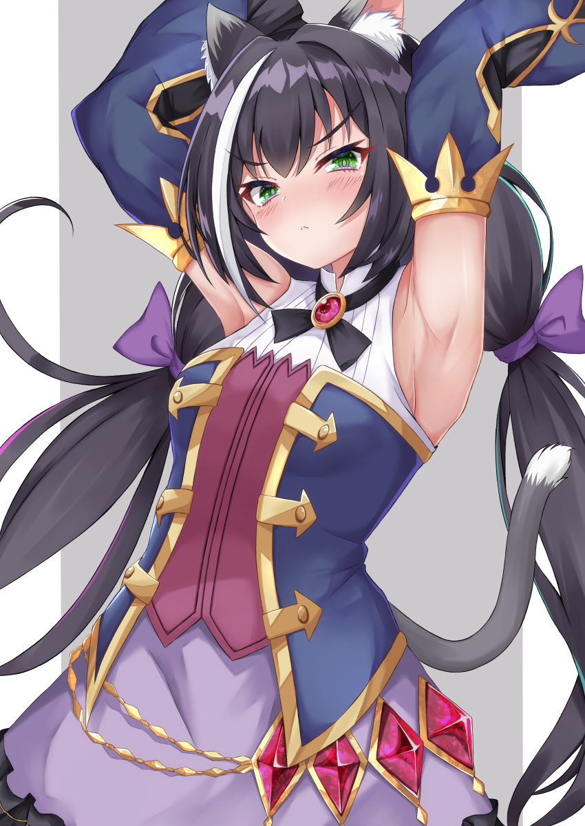 1girl absurdres animal_ear_fluff animal_ears armpits arms_up black_hair blush cat_ears cat_tail closed_mouth commentary_request detached_sleeves eyebrows_visible_through_hair green_eyes highres kyaru_(princess_connect) long_hair looking_at_viewer low_twintails multicolored_hair princess_connect! princess_connect!_re:dive rokita solo streaked_hair tail twintails white_hair