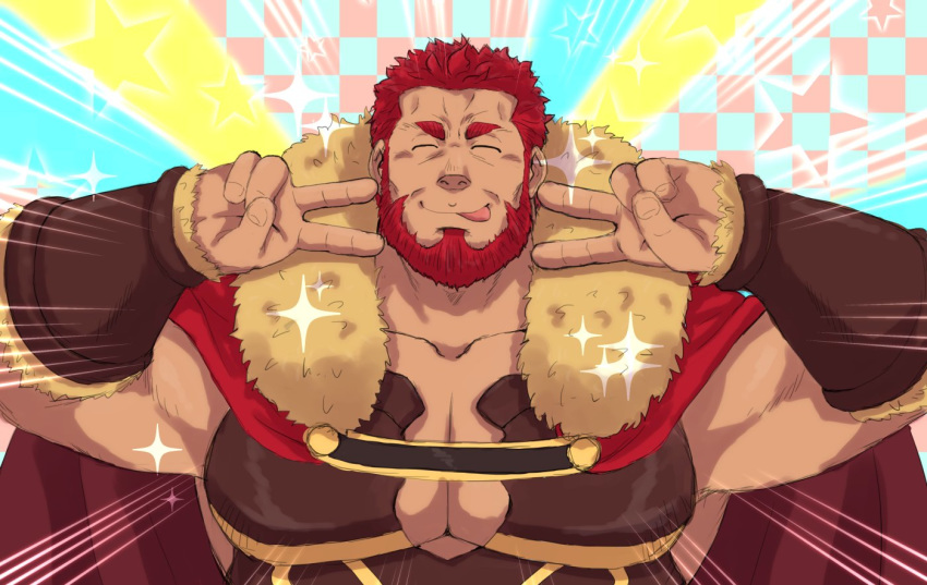 1boy armor bangs bara beard breastplate cape chest double_v emotional_engine_-_full_drive facial_hair fate/grand_order fate/zero fate_(series) hands_up leather long_sleeves male_focus muscle open_mouth parody pectorals redhead rider_(fate/zero) shigetashigezo simple_background smile solo sparkle star v