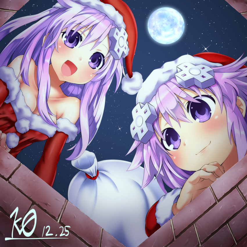 2girls chimney choker christmas d-pad d-pad_hair_ornament dress from_below full_moon hair_ornament hat highres kurozero looking_at_viewer moon multiple_girls nepgear neptune_(series) night purple_hair santa_costume santa_hat smile violet_eyes