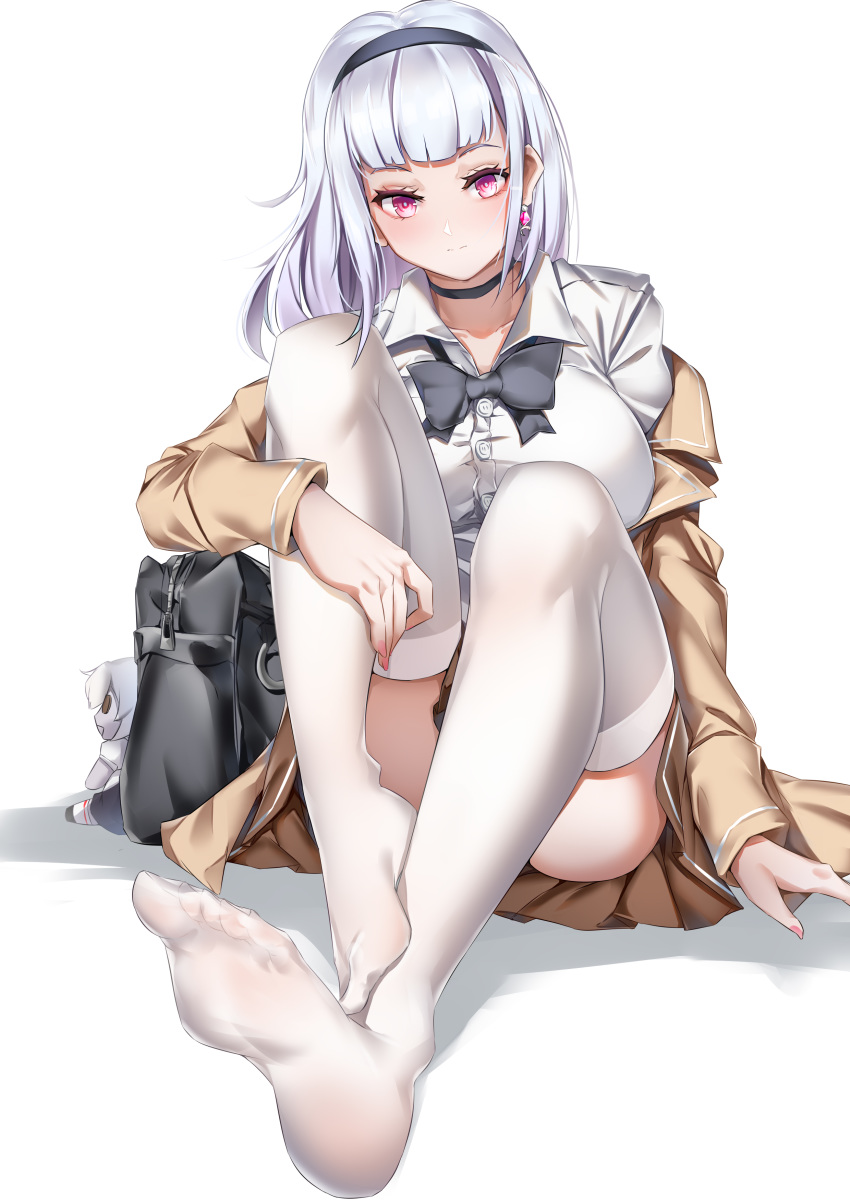 1girl absurdres azur_lane bag blue_hair breasts choker dido_(azur_lane) doll earrings hairband highres jacket jacket_on_shoulders jewelry large_breasts light_blue_hair long_hair looking_at_viewer lubikaya1 no_shoes pink_eyes sitting sitting_on_lap sitting_on_person soles solo thigh-highs tight uniform violet_eyes white_background white_legwear