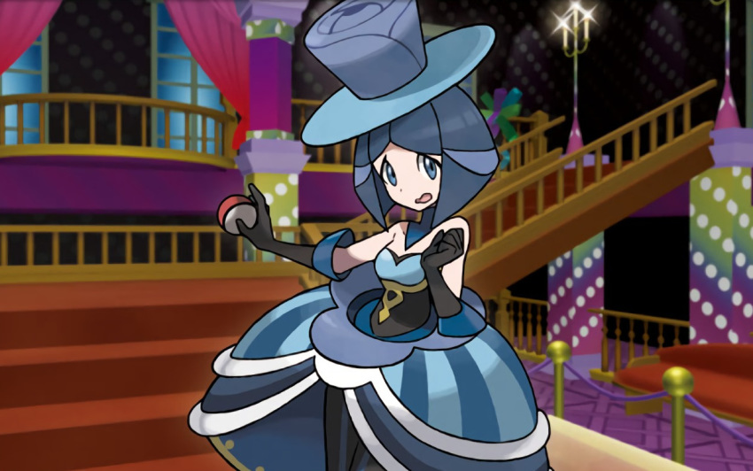 1girl battle_chatelaine_(pokemon) blue_dress blue_headwear blue_theme dress feet_out_of_frame hat indoors lesoir_(pokemon) looking_at_viewer mizutani_megumi official_art pokemon pokemon_trading_card_game solo stairs standing top_hat