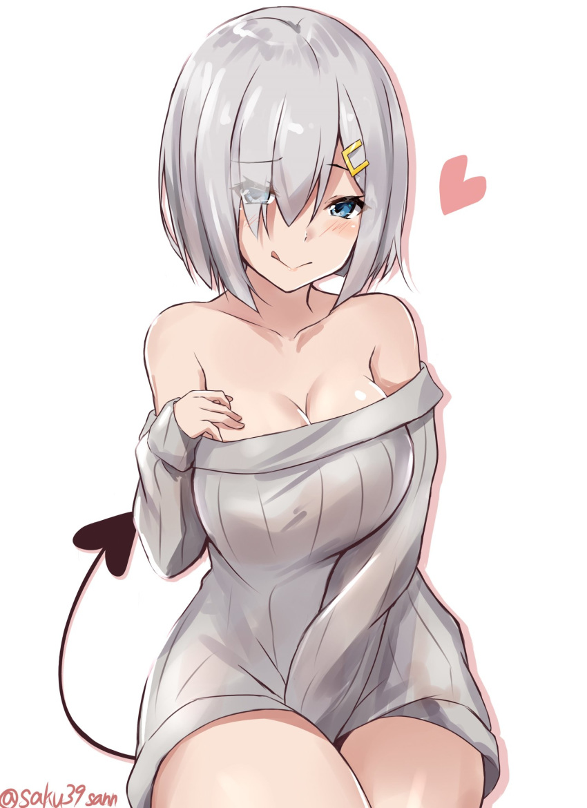 1girl blue_eyes blush breasts collarbone demon_tail eyebrows_visible_through_hair eyes_visible_through_hair hair_ornament hair_over_one_eye hairclip hamakaze_(kantai_collection) heart highres kantai_collection large_breasts long_sleeves off-shoulder_sweater off_shoulder saku_(kudrove) short_hair silver_hair simple_background smile solo sweater tail tongue tongue_out twitter_username white_background white_sweater