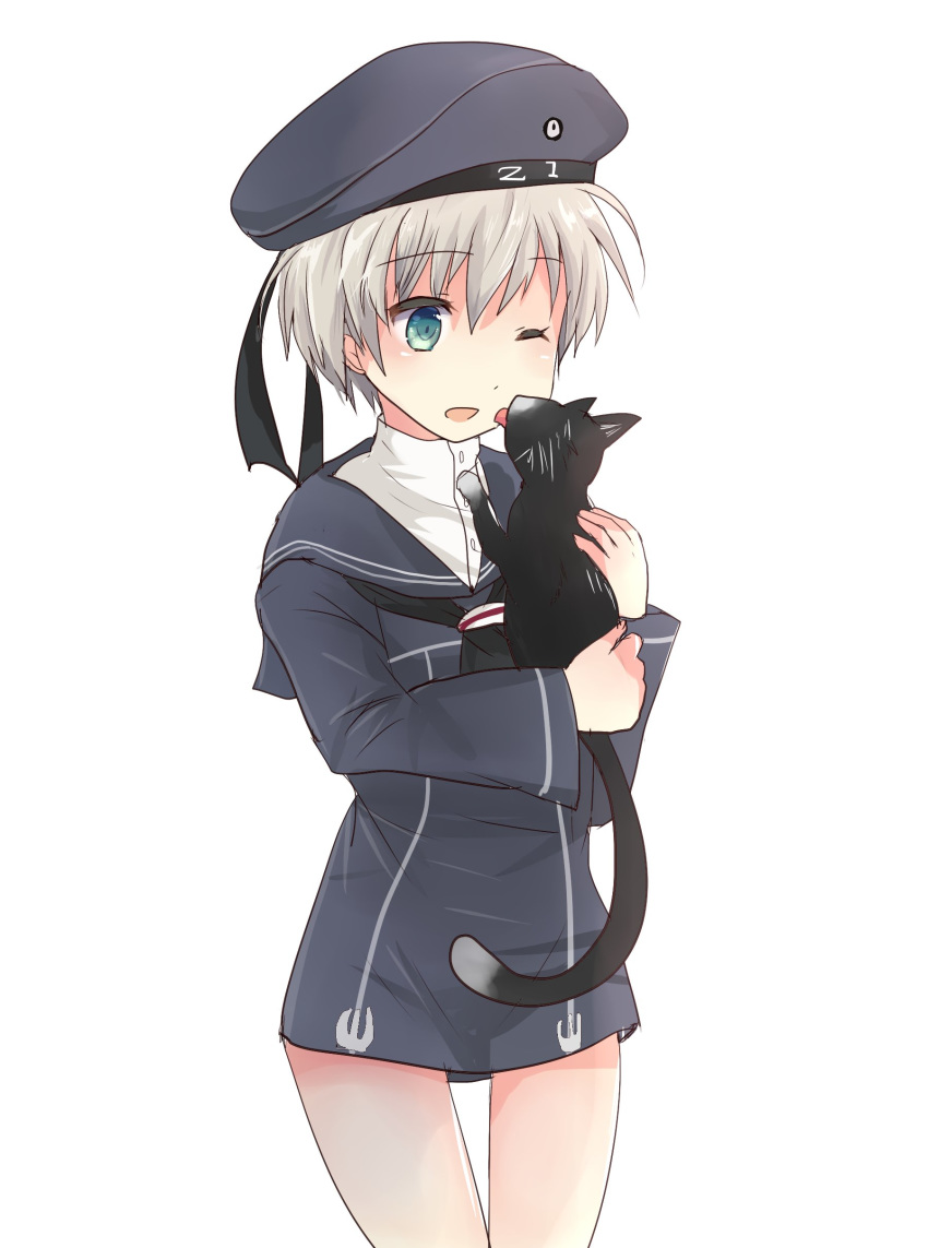 1girl 1other absurdres beret black_cat black_neckwear blue_dress blue_eyes blue_headwear cat commentary_request dress eyebrows_visible_through_hair hair_between_eyes hat highres hirune_(konekonelkk) holding holding_cat kantai_collection licking long_sleeves neckerchief one_eye_closed open_mouth sailor_collar sailor_dress shirt short_hair silver_hair simple_background white_background white_shirt z1_leberecht_maass_(kantai_collection)