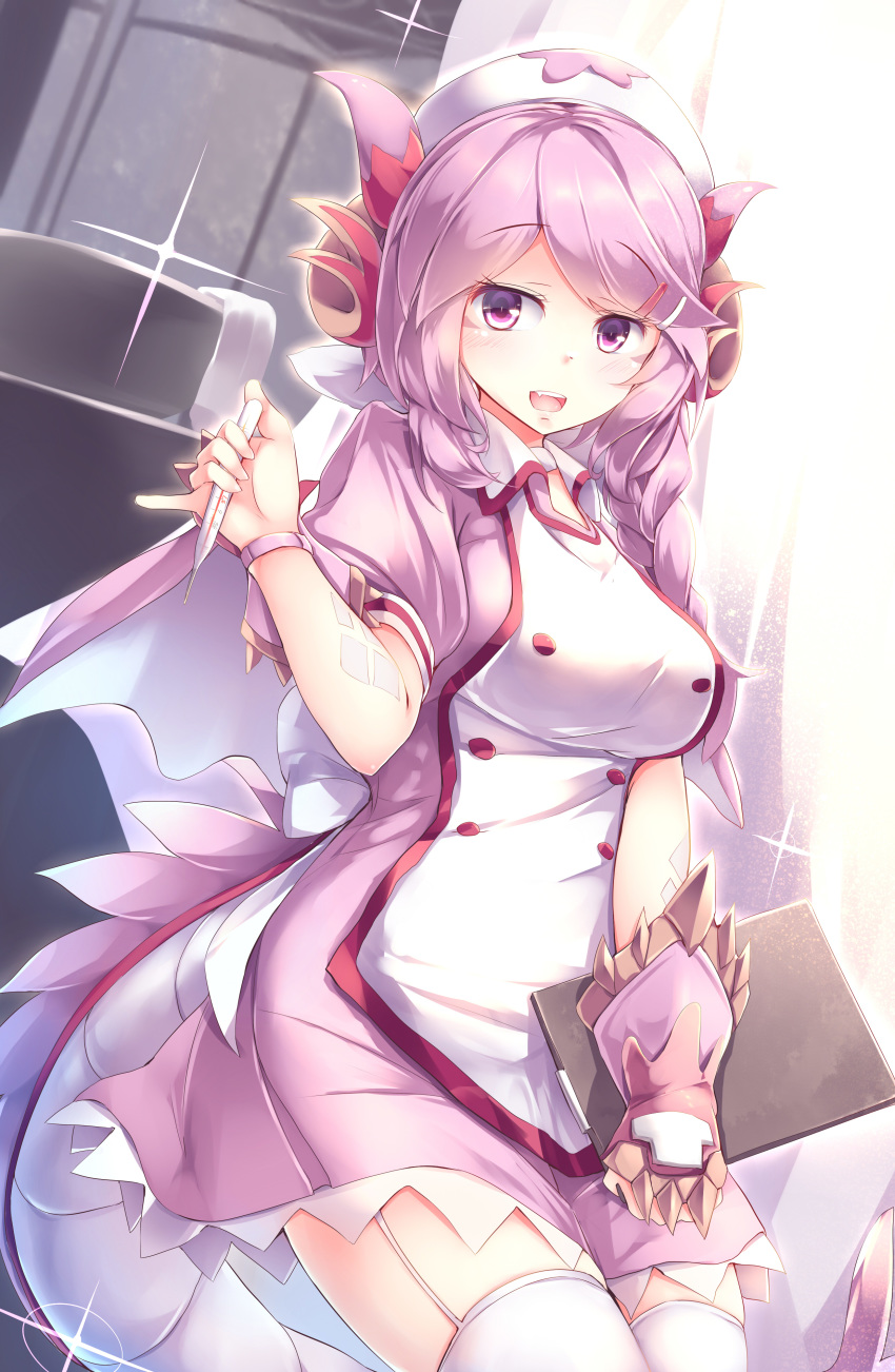 1girl absurdres blush breasts character_request clipboard duel_monster eyebrows_visible_through_hair fang garter_straps hair_ornament hairclip highres holding holding_clipboard holding_thermometer kanzakietc large_breasts long_hair looking_at_viewer maid open_mouth purple_hair smile solo thermometer thigh-highs upper_teeth very_long_hair violet_eyes white_legwear yuu-gi-ou