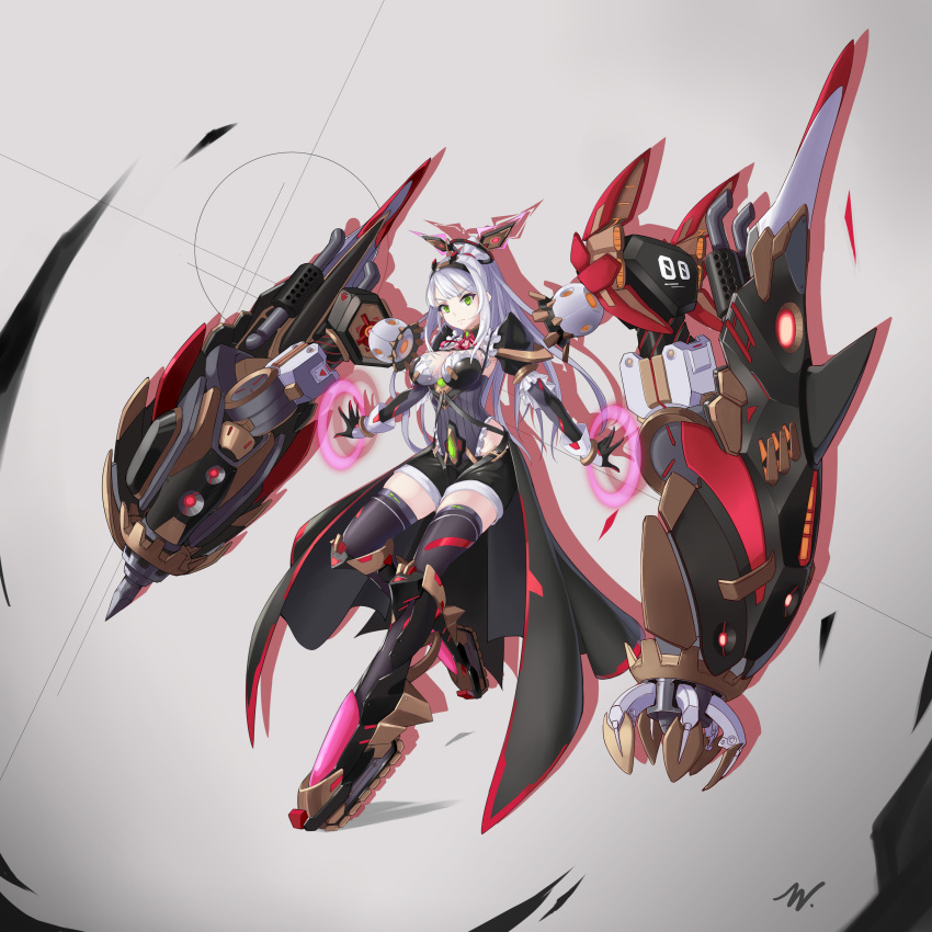 1girl absurdres black_background boots breasts caterpillar_tracks commentary_request exhaust_pipe extra_arms eyebrows_visible_through_hair frills full_body gloves glycyrrhizae~ green_eyes grey_background hairband high_ponytail highres knee_boots large_breasts long_hair looking_at_viewer mecha_musume mechanical_arm original pile_bunker puffy_sleeves robot_joints serious shorts solo thigh-highs two-tone_background waist_cape white_hair