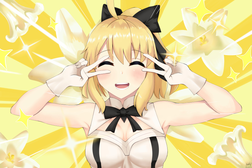 1girl absurdres ahoge artoria_pendragon_(all) bangs bare_shoulders blonde_hair blush bow breasts commentary dress emotional_engine_-_full_drive eyebrows_visible_through_hair fate/grand_order fate_(series) gloves hair_bow highres large_breasts mark1019 open_mouth ponytail saber_lily smile solo white_gloves