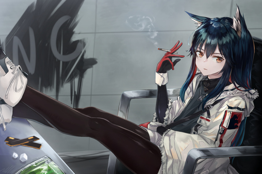1girl absurdres animal_ear_fluff animal_ears arknights bangs black_hair black_legwear black_shirt brown_eyes chair cigarette commentary feet_out_of_frame gloves graffiti hair_between_eyes hakua_mill hand_up highres holding holding_cigarette id_card indoors jacket jewelry long_hair long_sleeves looking_at_viewer multicolored_hair open_clothes open_jacket pantyhose parted_lips pendant redhead shirt shoes short_shorts shorts sitting smoke solo sugar_cube texas_(arknights) thighs white_footwear white_jacket white_shorts wolf_ears