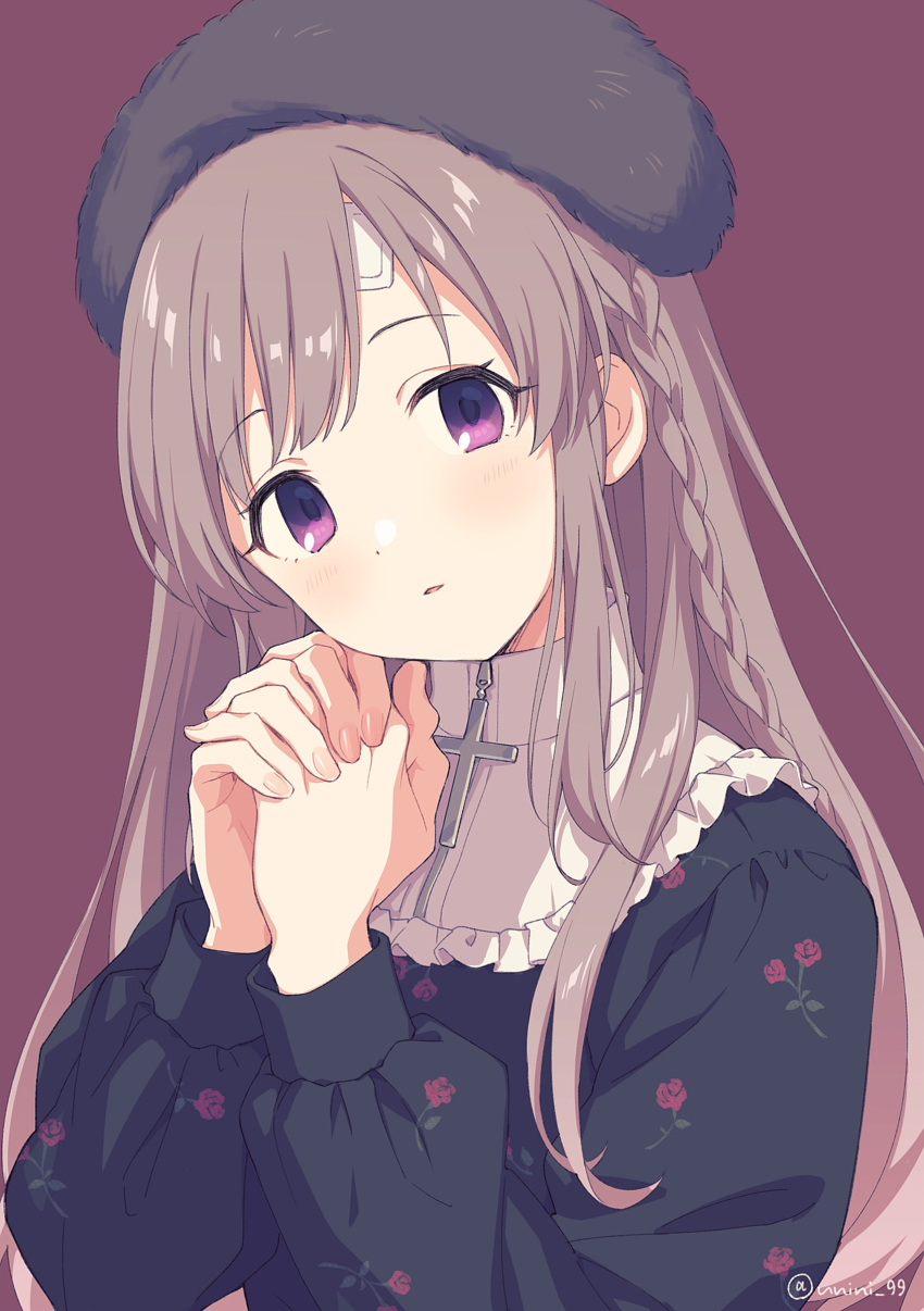 1girl absurdres agata_(agatha) bandaid bandaid_on_forehead bangs beret braid brown_background commentary_request cross fingernails hands_clasped hat head_tilt highres idolmaster idolmaster_shiny_colors light_brown_hair long_hair looking_at_viewer own_hands_together puffy_sleeves solo upper_body violet_eyes yuukoku_kiriko