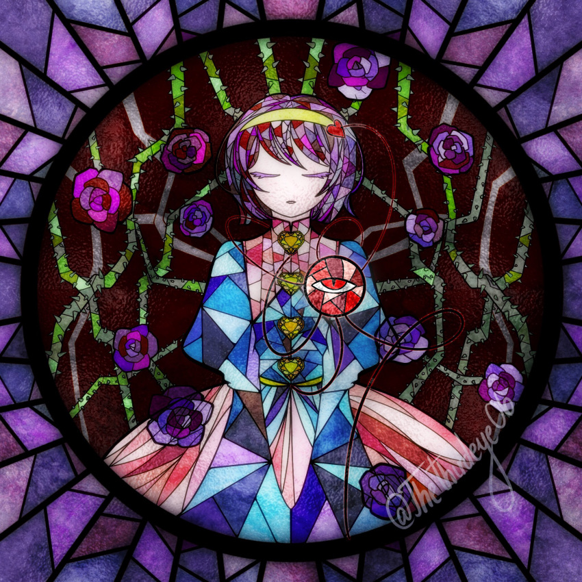 1girl buttons closed_eyes eyeball flower glass hair_ornament hairband heart heart_hair_ornament highres komeiji_satori mis-aesthetics multicolored_hair no_nose parted_lips pink_hair pink_skirt purple_flower purple_hair purple_rose red_eyes rose short_hair skirt solo stained_glass third_eye thorns touhou twitter_username