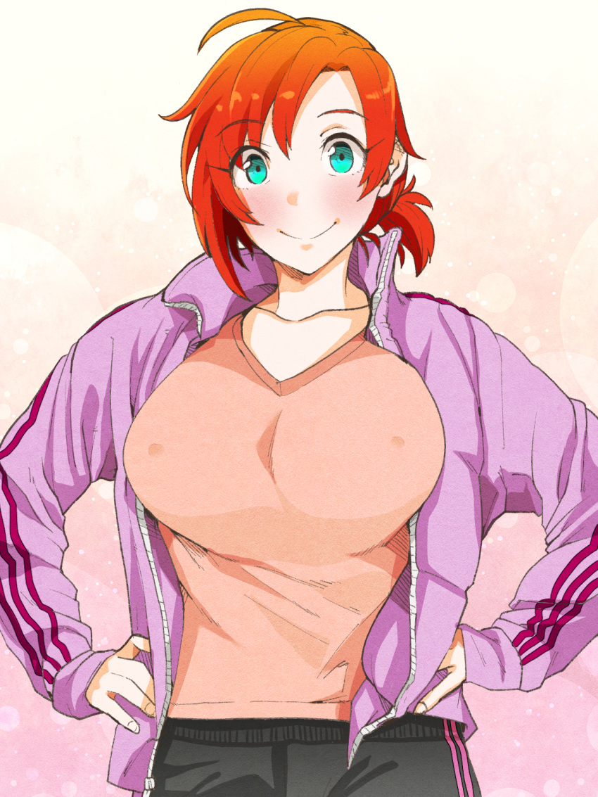 1girl 41_(taskmaster41) ahoge boudica_(fate/grand_order) breasts collarbone covered_nipples fate_(series) green_eyes hands_on_hips highres jacket large_breasts looking_at_viewer ponytail raised_eyebrows redhead short_hair smile solo