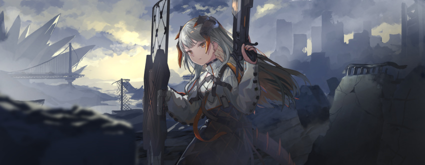 1girl absurdres arknights broken_bridge building clouds cloudy_sky commentary dragon_girl dragon_horns dragon_tail earrings gun highres holding holding_gun holding_shield holding_weapon horns jewelry long_hair long_sleeves looking_at_viewer metsurin nail_polish orange_nails outdoors red_eyes ruins saria_(arknights) shield silver_hair sky solo tail weapon