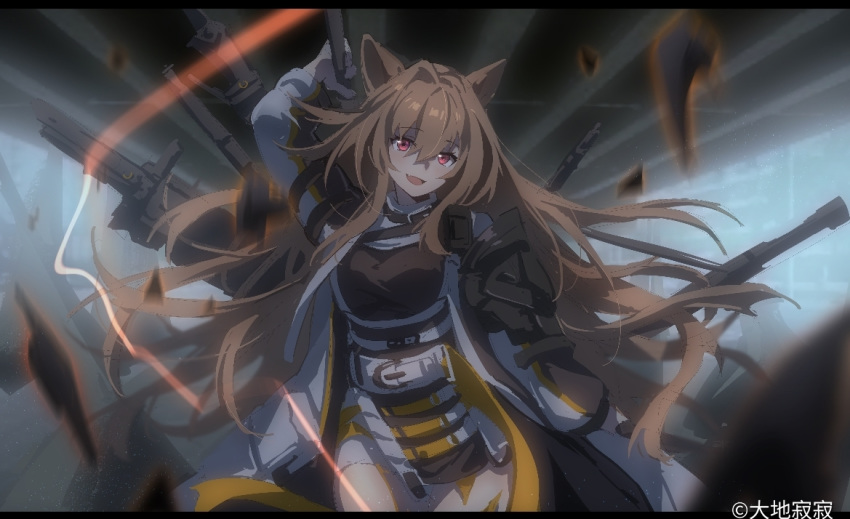 1girl :d animal_ears arknights bangs breasts ceobe_(arknights) dog_ears dress floating_hair hair_between_eyes holding holding_weapon jacket kagura_tohru long_hair looking_at_viewer multicolored multicolored_clothes multicolored_jacket multiple_straps multiple_weapons open_clothes open_jacket open_mouth red_eyes shoulder_guard sidelocks smile solo staff tail very_long_hair weapon wind