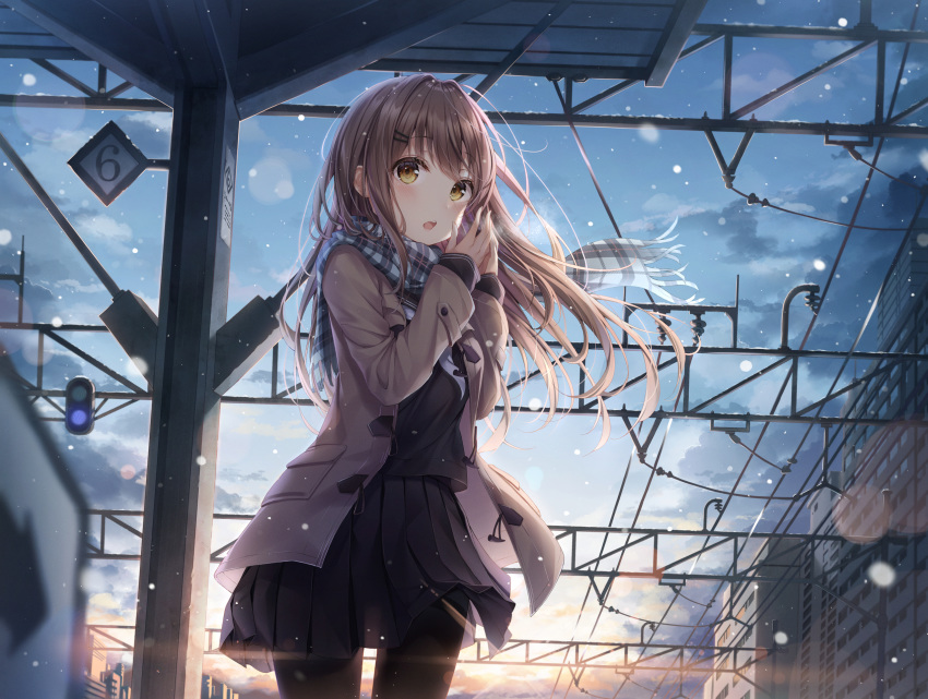1girl bangs black_legwear black_serafuku black_shirt black_skirt blue_sky blurry blurry_foreground blush breath breathing_on_hands brown_eyes brown_hair brown_jacket building clouds commentary_request dangmyo day depth_of_field directional_arrow eyebrows_visible_through_hair floating_hair fringe_trim grey_scarf hair_ornament hairclip hands_up highres jacket long_hair looking_at_viewer open_clothes open_jacket open_mouth original outdoors pantyhose plaid plaid_scarf pleated_skirt scarf school_uniform serafuku shirt skirt sky snowing solo thighband_pantyhose train_station upper_teeth winter