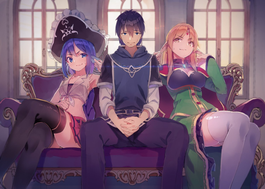1boy 2girls armpits bandeau bare_shoulders black_legwear blonde_hair blue_eyes blue_hair braid braided_ponytail breasts cape character_request circlet closed_mouth collarbone couch crossed_legs dress ear_grab earrings endenburg_no_hanayome eyebrows_visible_through_hair eyeliner feet_out_of_frame forced_smile frilled_dress frilled_hat frills gem girl_sandwich glint green_dress hat indoors jewelry light_brown_eyes long_hair long_sleeves looking_at_another looking_at_viewer makeup medium_breasts midriff miniskirt monster_ears multiple_girls official_art on_couch pirate_hat pleated_skirt pointy_ears red_cape red_skirt sandwiched see-through shirt sidelocks sitting skirt sleeveless sleeveless_shirt small_breasts teardrop thigh-highs thighs tied_shirt torn_clothes torn_shirt white_legwear white_shirt window yasumo_(kuusouorbital)