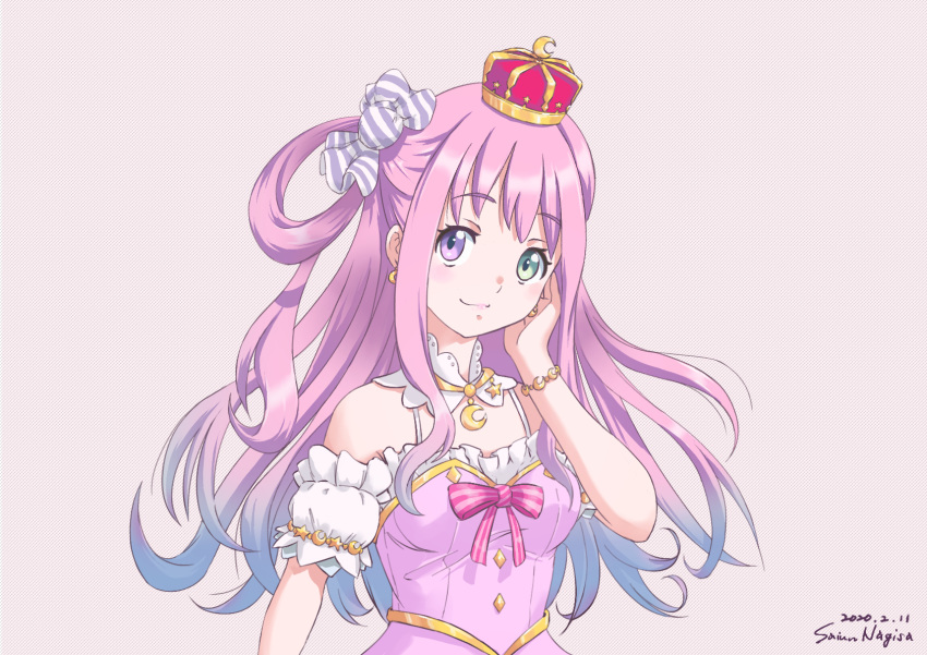 1girl bare_shoulders blue_eyes closed_mouth crescent crescent_earrings crescent_moon crown earrings eyebrows_visible_through_hair hair_ornament heterochromia highres himemori_luna hololive jewelry lips long_hair looking_at_viewer moon purple_hair saiun_nagisa signature solo upper_body violet_eyes virtual_youtuber