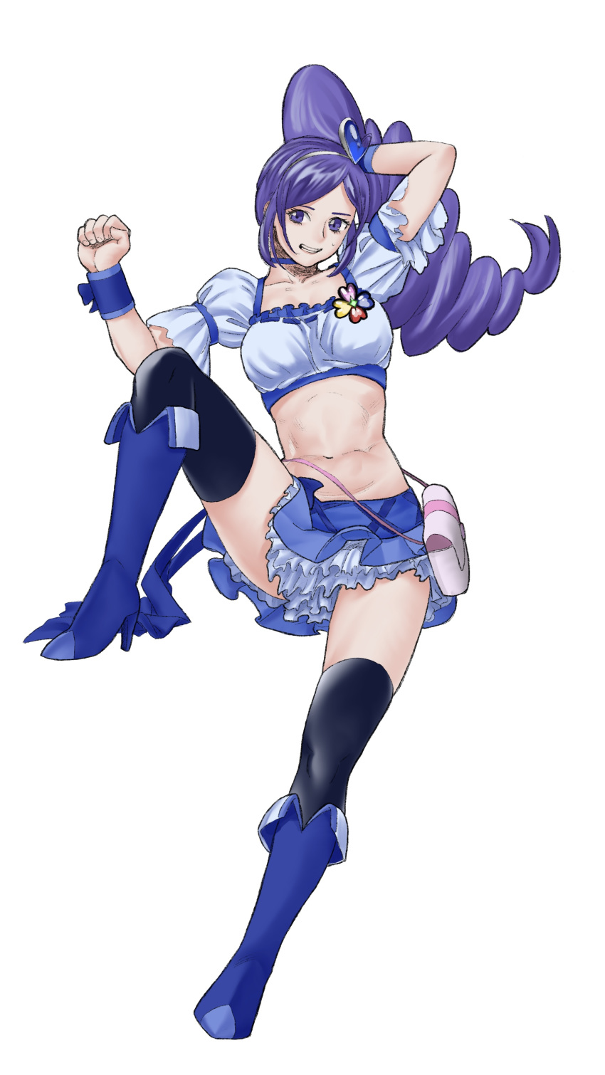 1girl absurdres badge bag bangs black_legwear boots breasts choker clenched_hand clenched_teeth collarbone commentary_request crop_top cure_berry eyebrows_behind_hair fresh_precure! frilled_skirt frills full_body hairband hand_in_hair high_heel_boots high_heels high_ponytail highres knee_boots lace lace-trimmed_shirt layered_skirt leg_up long_hair looking_at_viewer medium_breasts midriff navel precure puffy_short_sleeves puffy_sleeves purple_choker purple_footwear purple_hair purple_ribbon purple_shirt purple_skirt ribbon shirt short_sleeves sidelocks skirt solo sweatdrop teeth thigh-highs toned very_long_hair violet_eyes wrist_cuffs zettai_ryouiki zyaki