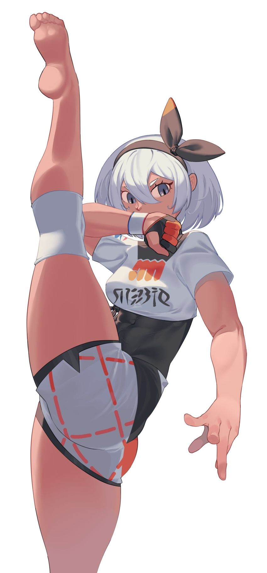 1girl absurdres ass barefoot black_hairband bodysuit_under_clothes breasts clenched_hand covering_mouth crop_top dark_skin feet fighting_stance flat_ass flexible gloves grey_eyes grey_hair gym_leader hair_between_eyes hairband highres knee_pads leg_lift leg_up pokemon pokemon_(game) pokemon_swsh print_shorts saitou_(pokemon) shorts single_glove small_breasts soles solo split standing standing_on_one_leg standing_split suwaiya toes