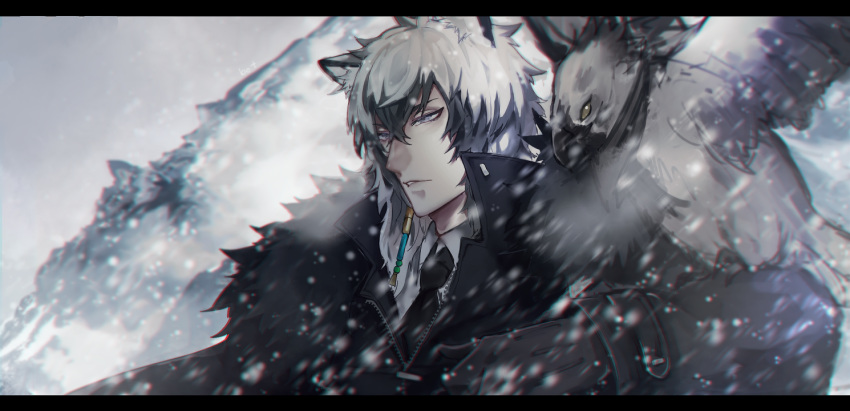 1boy animal_ears animal_on_arm arknights bangs bird bird_on_arm black_border black_gloves black_neckwear border botto collar fur_collar fur_trim gloves grey_eyes grey_hair high_collar long_sleeves looking_to_the_side male_focus medium_hair necktie outdoors panther_ears parted_lips shirt silverash_(arknights) snowing solo upper_body white_shirt winter winter_clothes