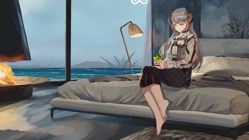 1girl arknights barefoot blue_sky dragon_horns grey_hair highres horns indoors kuroinu9 long_hair long_sleeves on_bed orange_eyes rhine_lab_logo saria_(arknights) sitting sitting_on_bed sky solo window