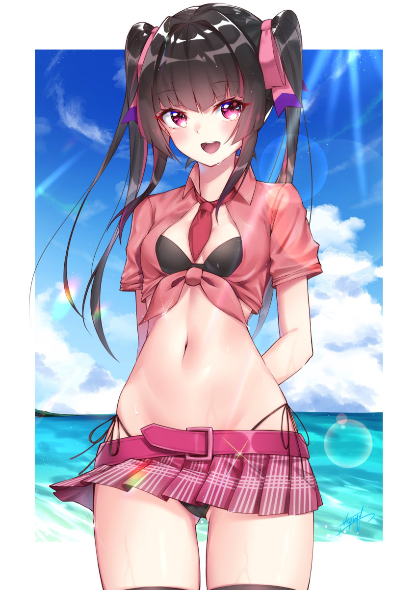 1girl bangs beach bikini bikini_under_clothes black_bikini black_hair blunt_bangs blush breasts day front-tie_top highres long_hair looking_at_viewer medium_breasts navel niyu_n_iyun ocean pink_eyes senki_zesshou_symphogear shiny shiny_hair shiny_skin side-tie_bikini skirt smile solo standing swimsuit tsukuyomi_shirabe twintails wet