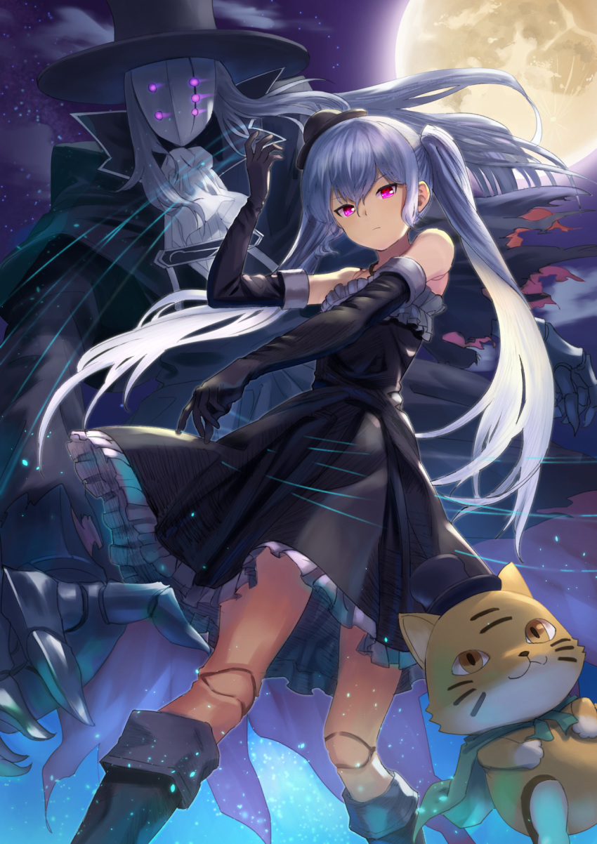 1girl animal arm_up bangs bare_shoulders black_dress black_footwear black_gloves black_headwear black_jacket boots bowler_hat brown_eyes cat commentary_request doll_joints dress elbow_gloves eyebrows_visible_through_hair frilled_dress frills full_moon gloves glowing glowing_eyes granblue_fantasy hair_between_eyes hat head_tilt highres jacket knee_boots lloyd_(granblue_fantasy) long_hair long_sleeves looking_at_viewer mask mini_hat moon night night_sky orchis outdoors sidelocks silver_hair sky sleeveless sleeveless_dress star_(sky) starry_sky top_hat twintails very_long_hair violet_eyes wasabi60