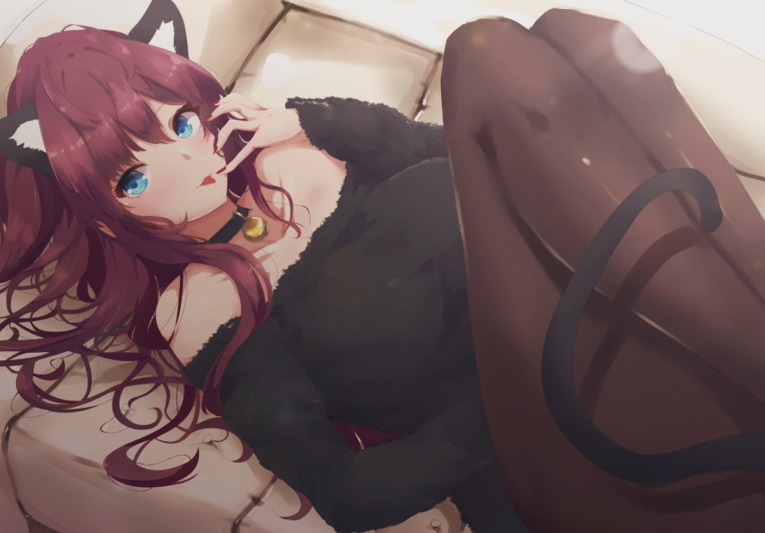 1girl :p animal_ears bangs black_legwear black_shirt blue_eyes blush breasts cat_ears cat_tail collar collarbone couch from_above hair_over_shoulder highres ichinose_shiki idolmaster idolmaster_cinderella_girls knees_up long_hair lying medium_breasts nail_polish off-shoulder_shirt off_shoulder on_back on_couch pantyhose redhead ryuu. shirt solo tail tongue tongue_out