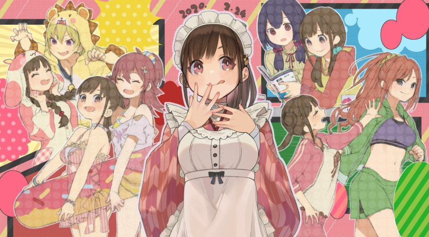 5girls animal_costume apron arisugawa_natsuha artist_request bangs black_hair blonde_hair braid breasts brown_hair collage commentary_request double_bun fang frilled_apron frills hair_ornament hair_scrunchie headdress high_ponytail houkago_climax_girls_(idolmaster) idolmaster idolmaster_shiny_colors innertube jacket japanese_clothes kimono komiya_kaho large_breasts licking_lips long_hair looking_away morino_rinze multiple_girls open_clothes open_jacket pajamas pink_eyes pink_kimono red_eyes redhead saijou_juri scrunchie short_hair short_twintails sonoda_chiyoko swimsuit tears tongue tongue_out track_suit twin_braids twintails