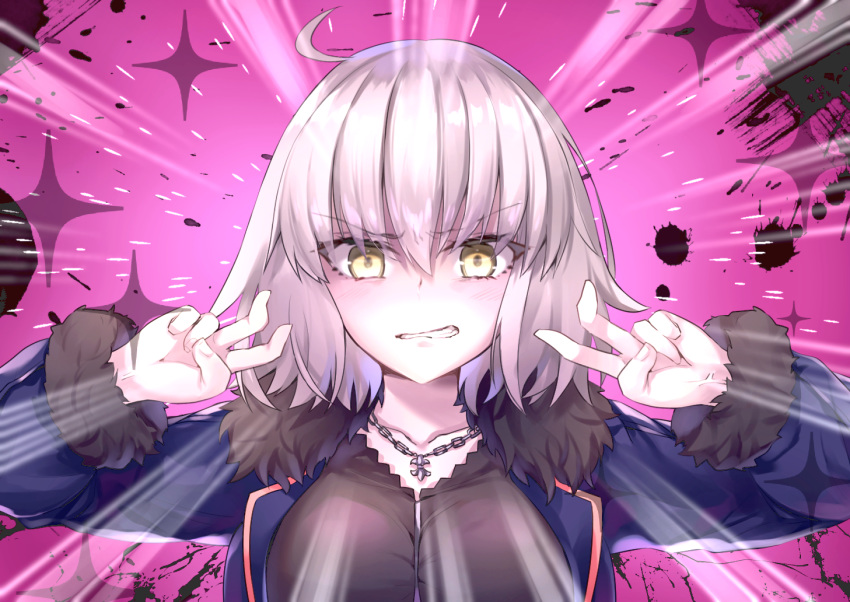 1girl ahoge bangs black_dress blush breasts clenched_teeth coat double_v dress emotional_engine_-_full_drive emphasis_lines fate/grand_order fate_(series) fur-trimmed_coat fur_trim grimace hands_up hane_yuki jeanne_d'arc_(alter)_(fate) jeanne_d'arc_(fate)_(all) large_breasts long_sleeves looking_at_viewer open_clothes open_coat parody pink_background short_hair silver_hair solo sparkle teeth v wicked_dragon_witch_ver._shinjuku_1999 yellow_eyes
