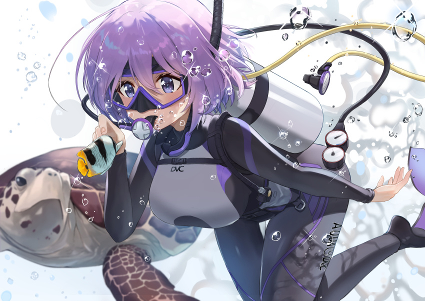 1girl air_bubble alternate_costume bangs breasts bubble commentary_request diving_mask diving_suit fate/grand_order fate_(series) fish hair_between_eyes highres jjeono large_breasts lavender_hair mash_kyrielight purple_hair scuba scuba_gear scuba_tank sea_turtle short_hair solo turtle violet_eyes wetsuit